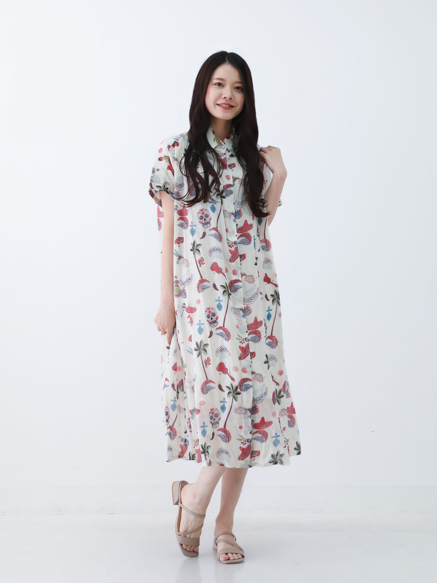 H・B コットン総柄ワンピース ST1-25002 ベージュ ワンサイズ