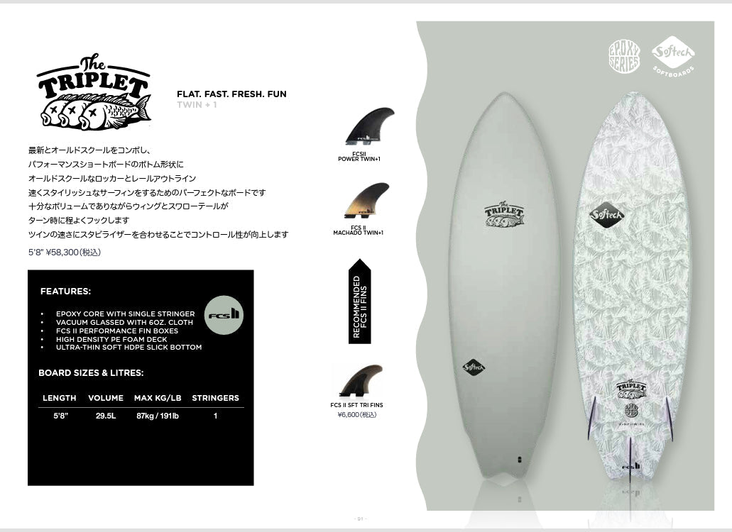 1泊2日サーフボードレンタル　ソフトボード ソフテック SOFTECH THE TRIPLET  FCS II TRI FIN 5’8 PALM ソフトフィン付き ザ・トリプレット